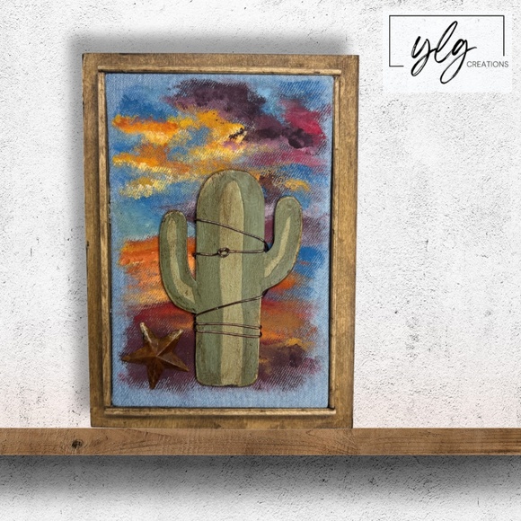 Mixed Media Wall Art Saguaro Cactus Scene Sunset Stars Desert Southwest 6 x 8 - Picture 1 of 5